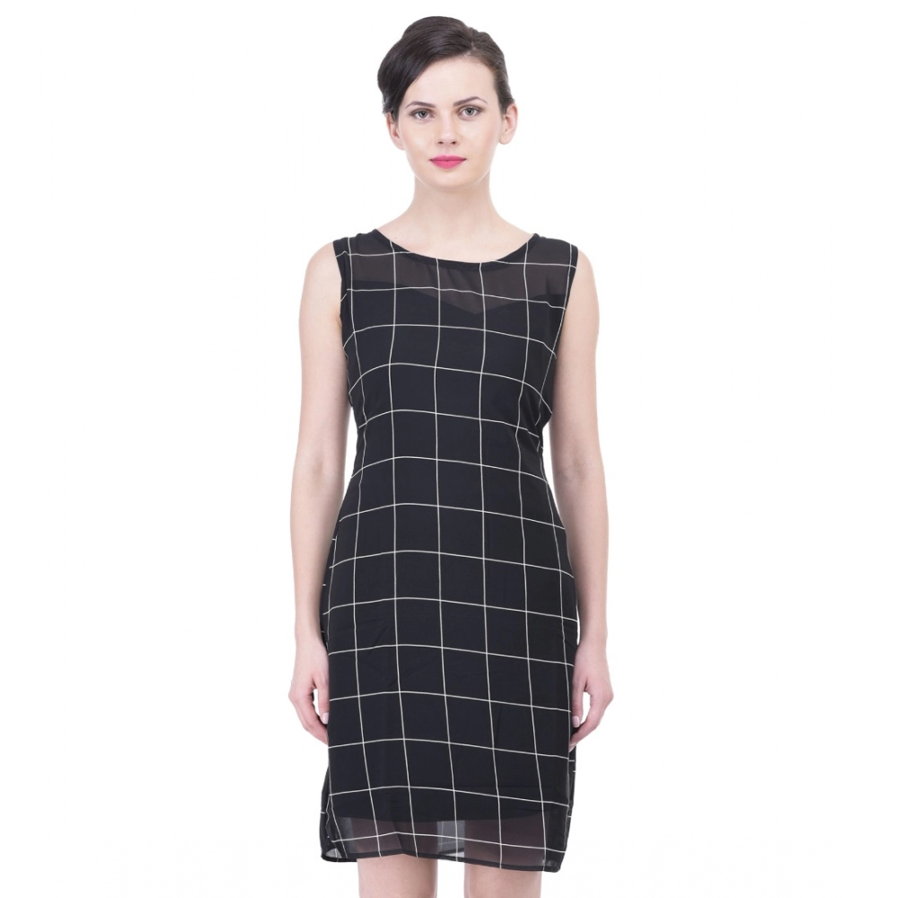 Women's Cotton Blend Checked Sleeveless Sheath Dress (Black) - Image 2