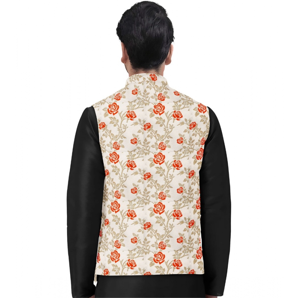 Men's Jacquard Printed Full Sleeve Waistcoat (Orange-Beige) - Image 2
