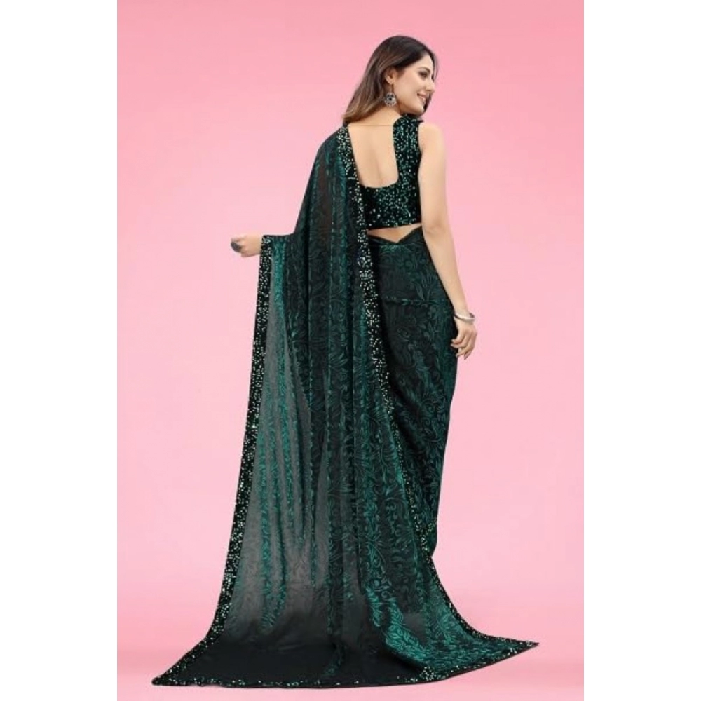 Women's Lycra Floral Saree With Unstitched Blouse (Green, 5.5 Mtr) - Image 4