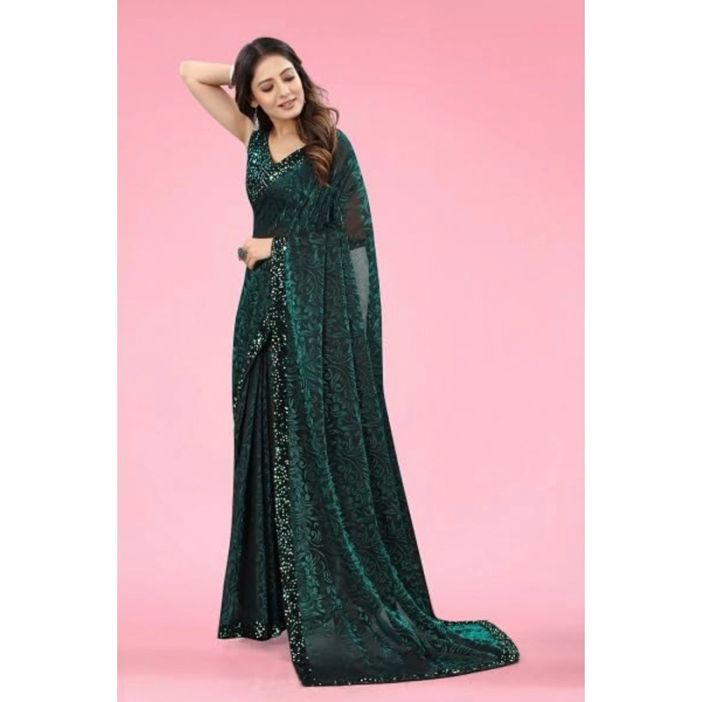 Women's Lycra Floral Saree With Unstitched Blouse (Green, 5.5 Mtr) - Image 2