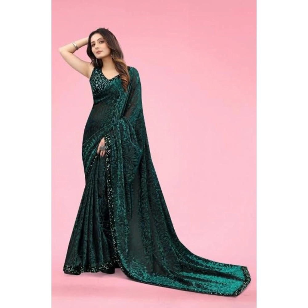 Women's Lycra Floral Saree With Unstitched Blouse (Green, 5.5 Mtr) - Image 3