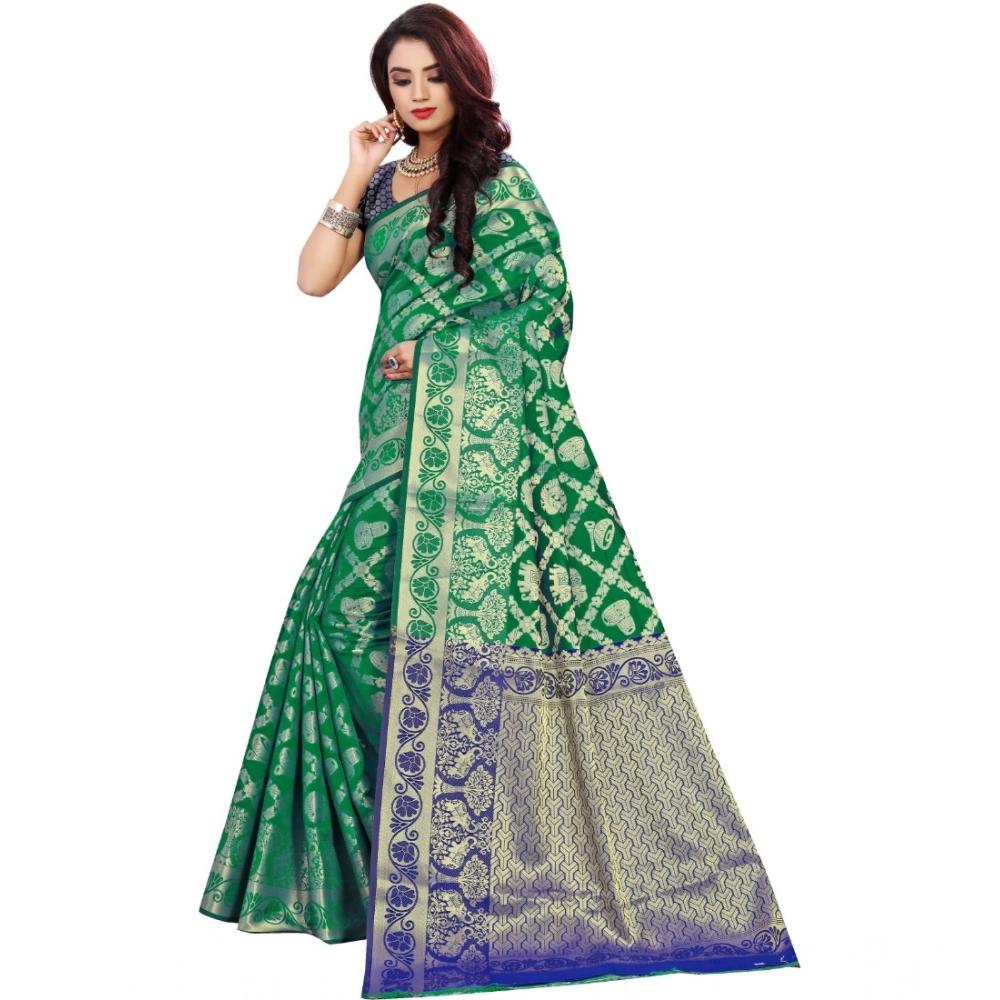 Women's Jacquard Woven Saree With Unstitched Blouse 5.5Mtr (Green) - Image 2