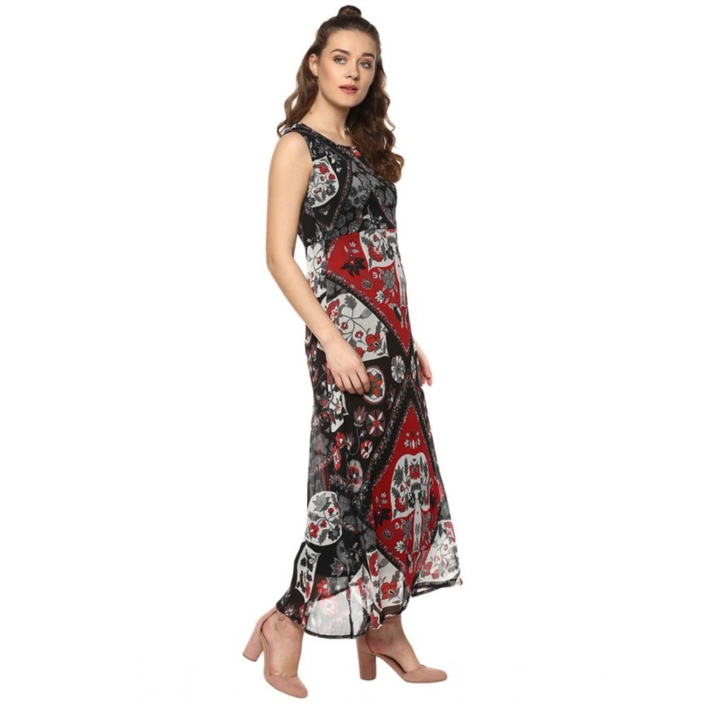 Women's Polyester Printed Sleeveless Dress (Red - Black) - Image 5