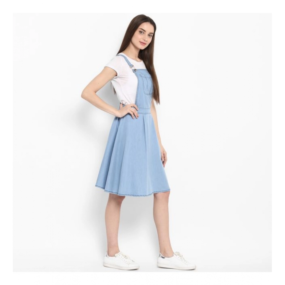 Women's Denim Solid Sleeveless Above Knee Dress (Blue) - Image 5