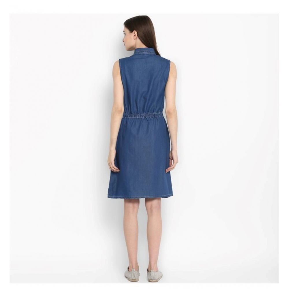 Women's Denim Solid Sleeveless Above Knee Dress (Blue) - Image 2