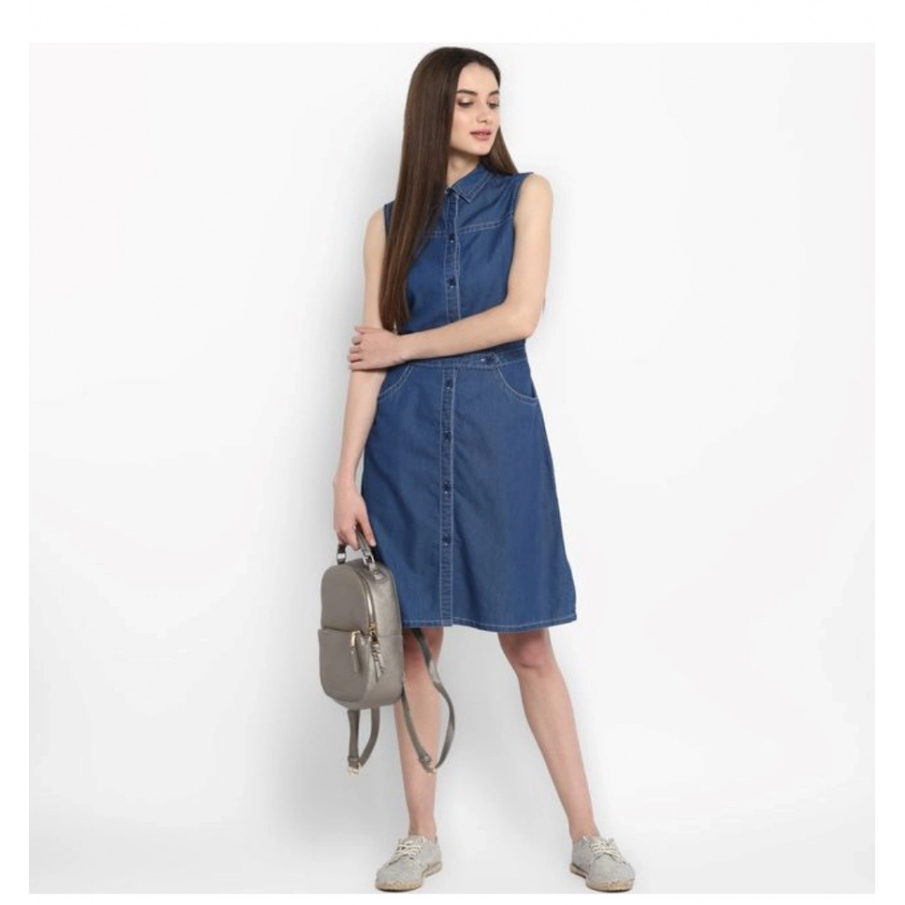 Women's Denim Solid Sleeveless Above Knee Dress (Blue) - Image 3