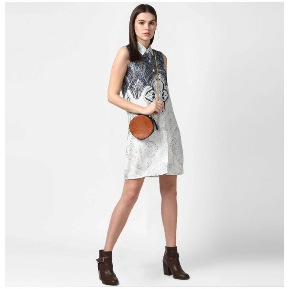 Women's Polyester Printed Sleeveless Above Knee Dress (Blue) - Image 3
