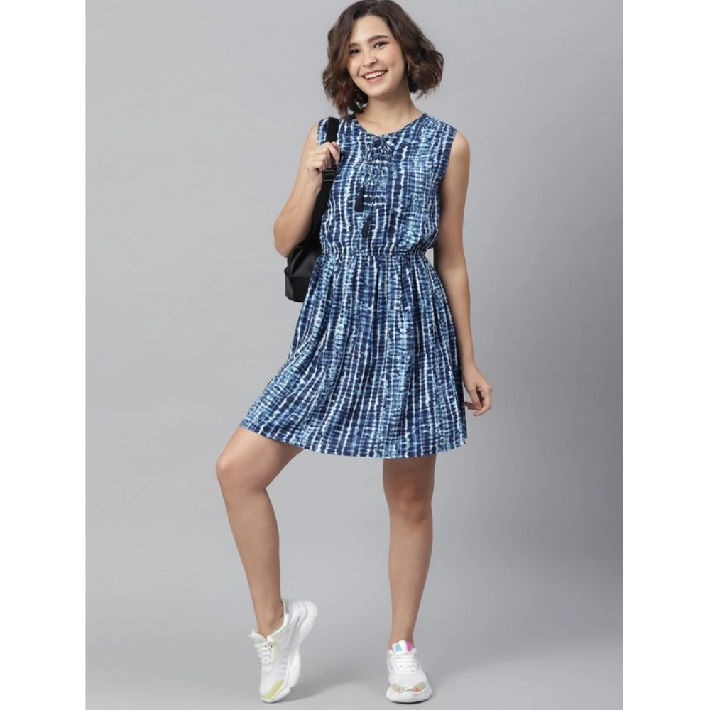 Women's Rayon Tie & Dye Sleeveless Above Knee Dress (Blue) - Image 3
