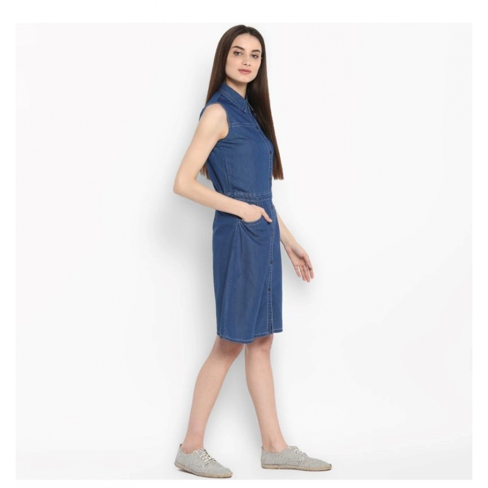 Women's Denim Solid Sleeveless Above Knee Dress (Blue) - Image 5