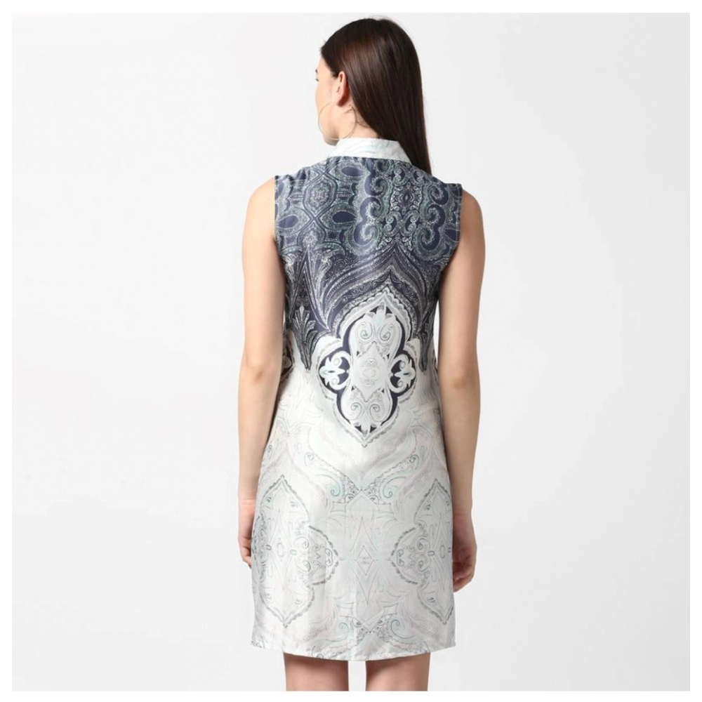 Women's Polyester Printed Sleeveless Above Knee Dress (Blue) - Image 2