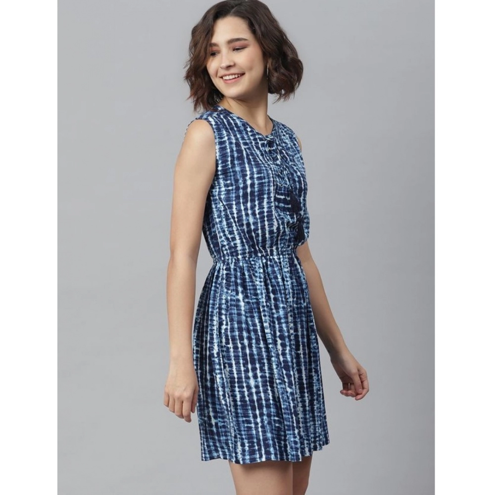 Women's Rayon Tie & Dye Sleeveless Above Knee Dress (Blue) - Image 5