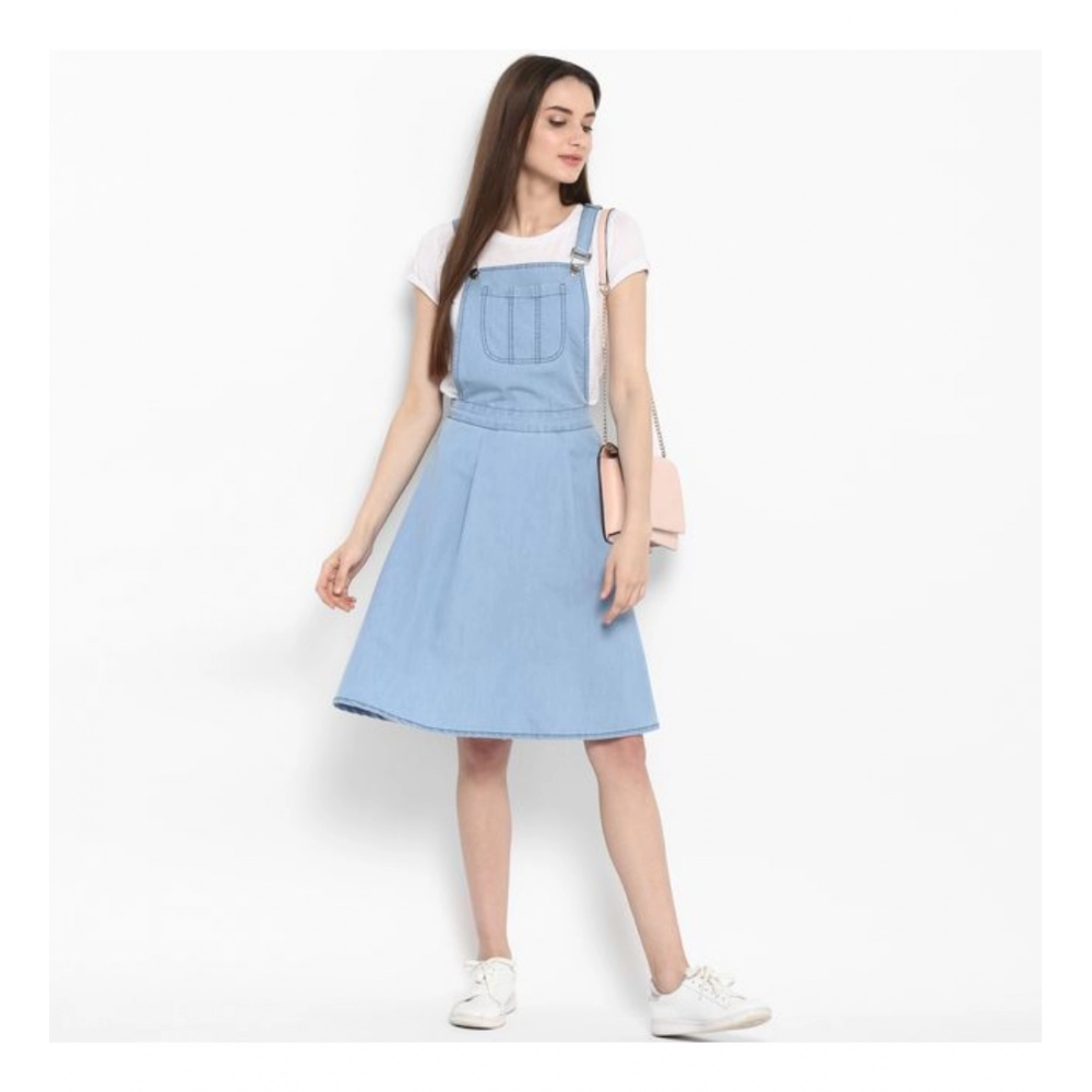 Women's Denim Solid Sleeveless Above Knee Dress (Blue) - Image 3