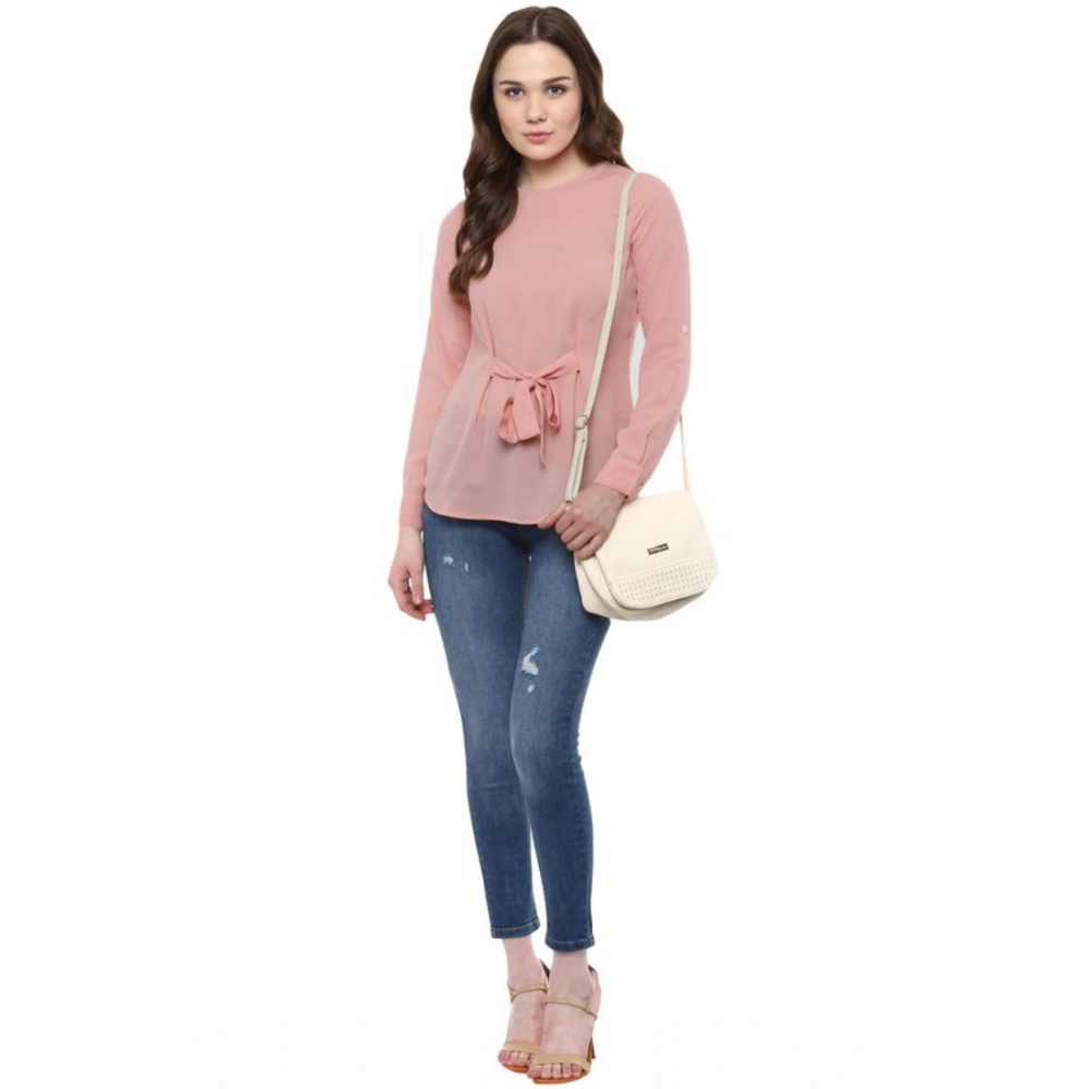 Women's Polyester Solid Long Sleeves Regular Top (Pink) - Image 3