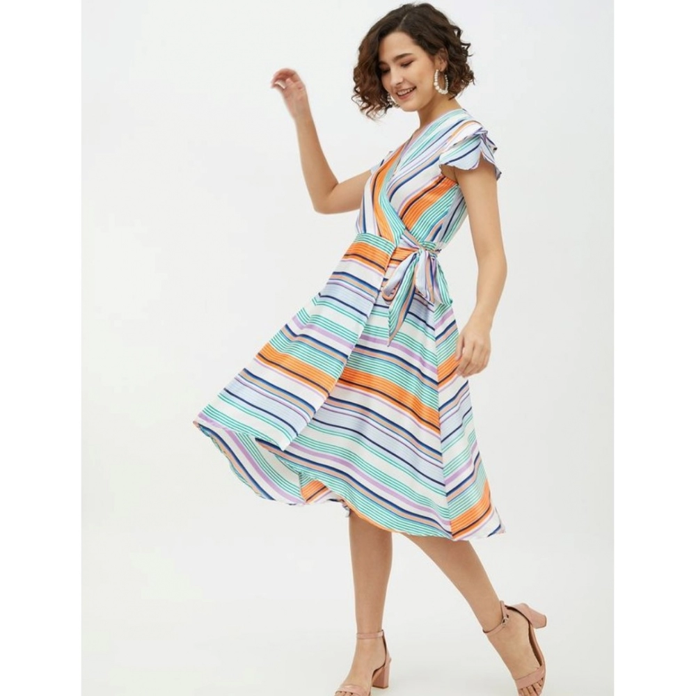 Women's Satin Striped Short Sleeve Knee-Length Dress (Multicolor) - Image 3