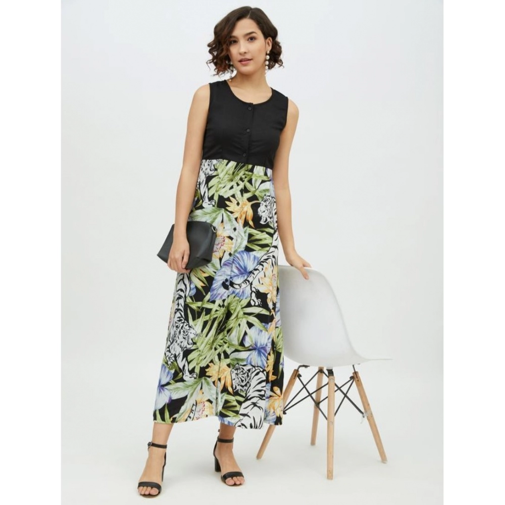 Women's Rayon Floral Sleeveless Calf-length Dress (Multicolor) - Image 3