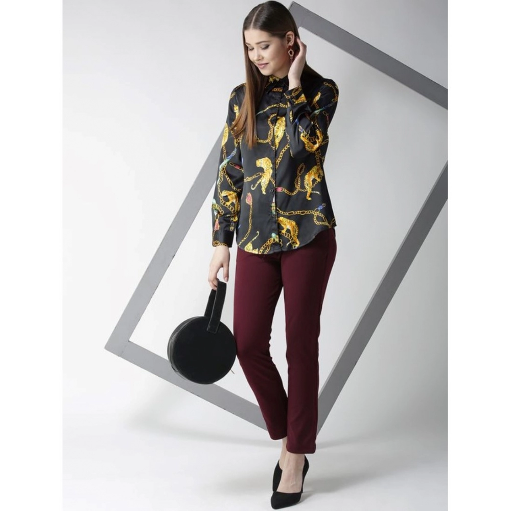 Women's Satin Printed Long Sleeves Standard Length Shirt (Black - Gold) - Image 3