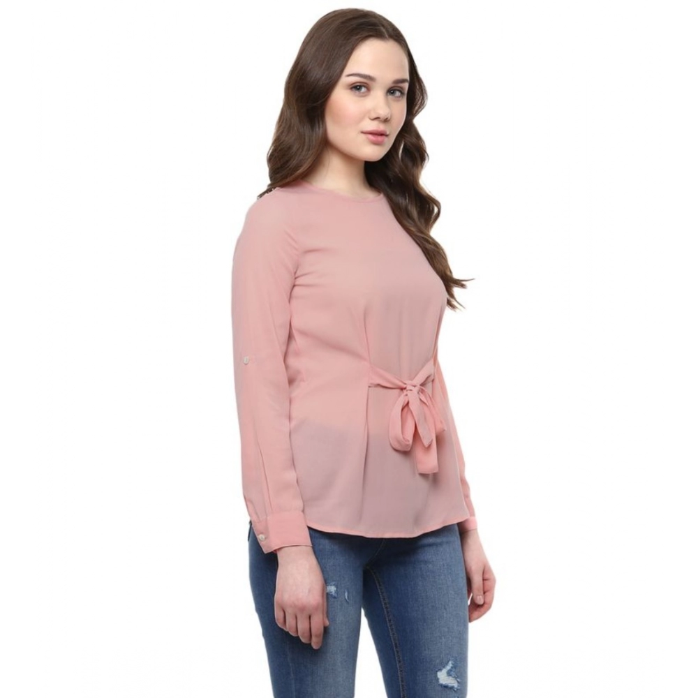 Women's Polyester Solid Long Sleeves Regular Top (Pink) - Image 5