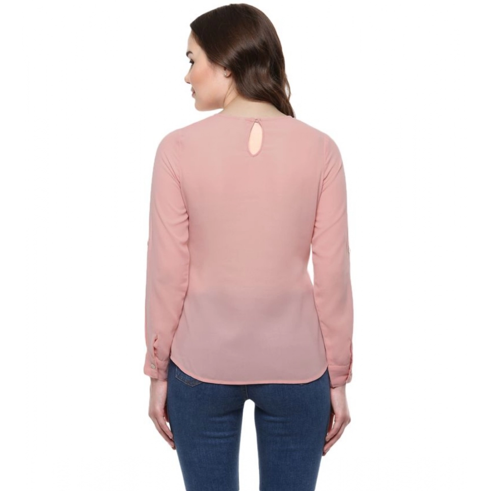 Women's Polyester Solid Long Sleeves Regular Top (Pink) - Image 2