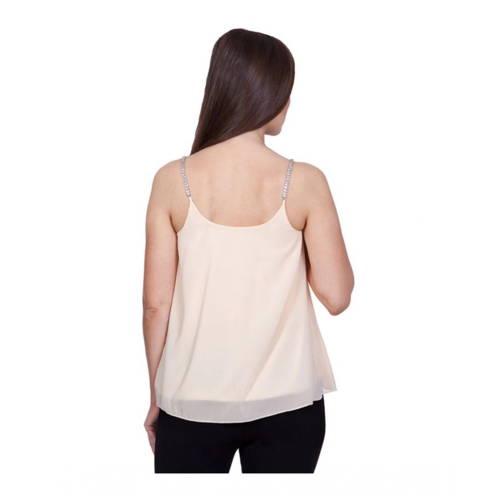 Women's Polyester Solid Shoulder Straps Regular Top (Beige) - Image 2