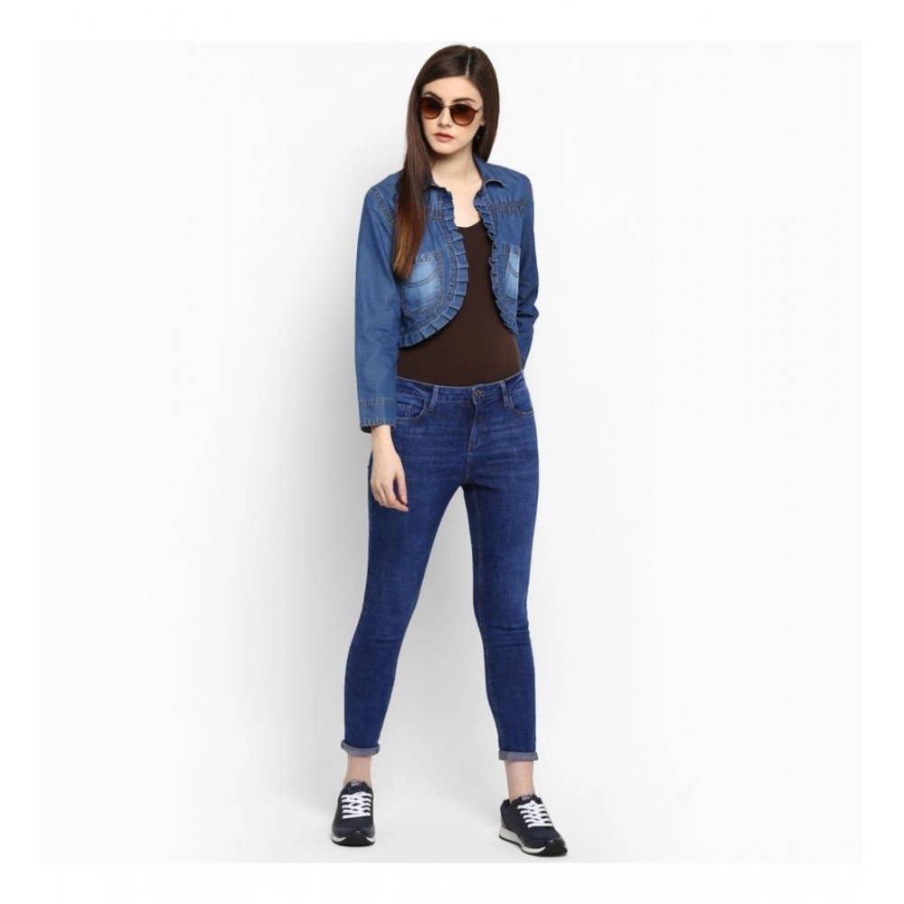 Women's Denim Pleated 3-4th Sleeves Shrug (Blue) - Image 3
