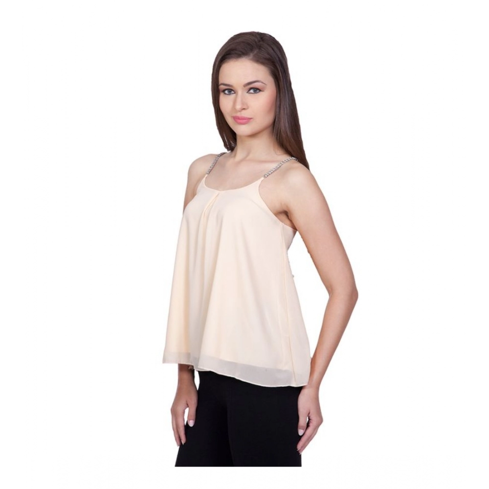 Women's Polyester Solid Shoulder Straps Regular Top (Beige) - Image 5
