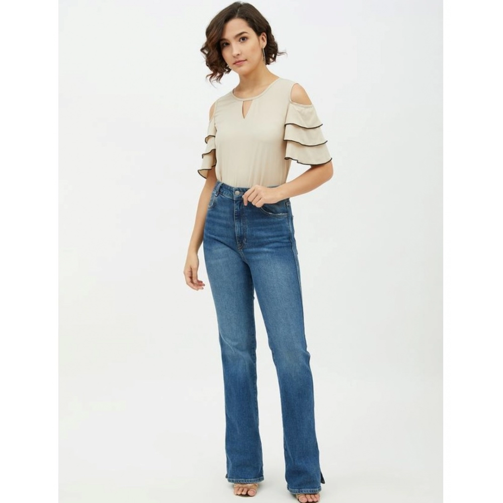 Women's Polyester Tiered Cold Shoulder Top (Beige) - Image 3