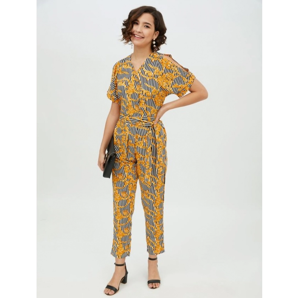 Women's Polyester Printed Half Sleeve Long Jumpsuit (Yellow) - Image 3