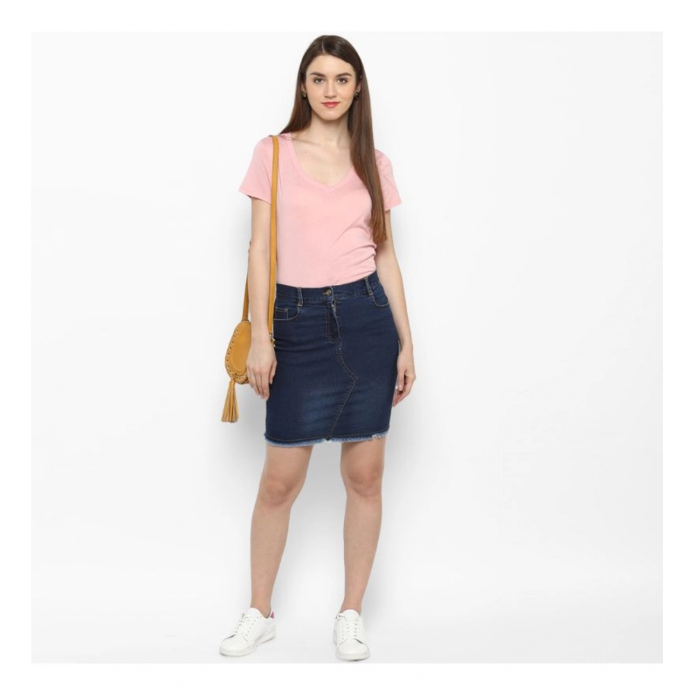 Women's Denim Stitching Pattern Buttoned Skirt (Blue) - Image 3