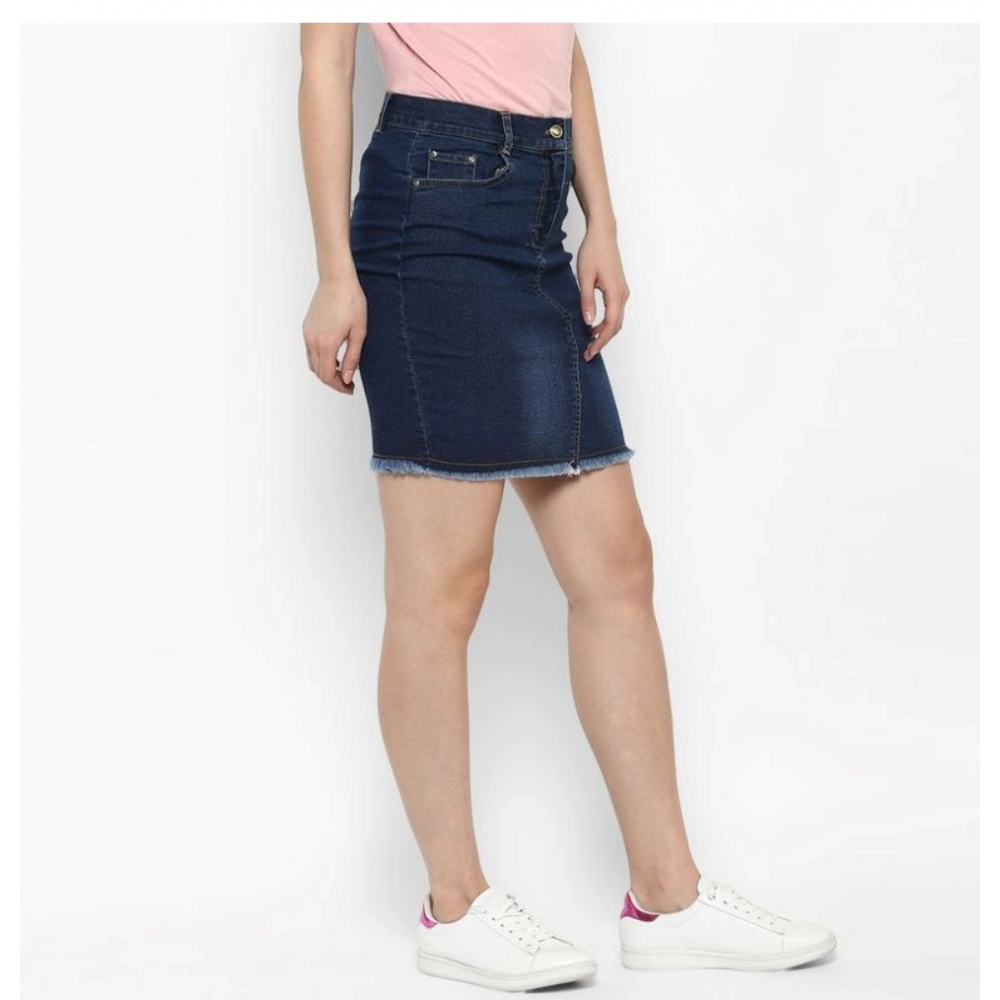 Women's Denim Stitching Pattern Buttoned Skirt (Blue) - Image 5