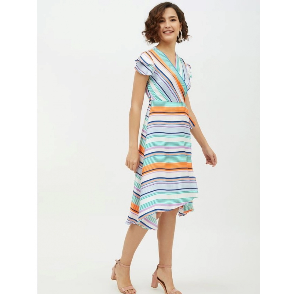Women's Satin Striped Short Sleeve Knee-Length Dress (Multicolor) - Image 5