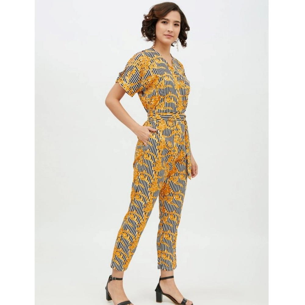Women's Polyester Printed Half Sleeve Long Jumpsuit (Yellow) - Image 5