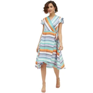 Women's Satin Striped Short Sleeve Knee-Length Dress (Multicolor)