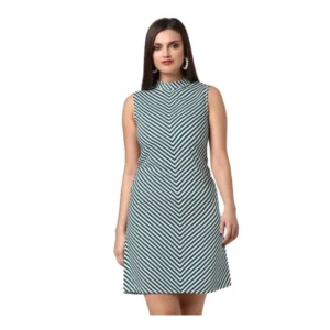 Women's Polyester Striped Sleeveless Above Knee Dress (Green)