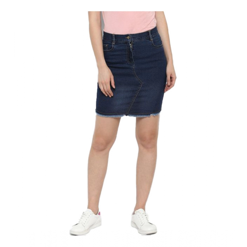 Women's Denim Stitching Pattern Buttoned Skirt (Blue)