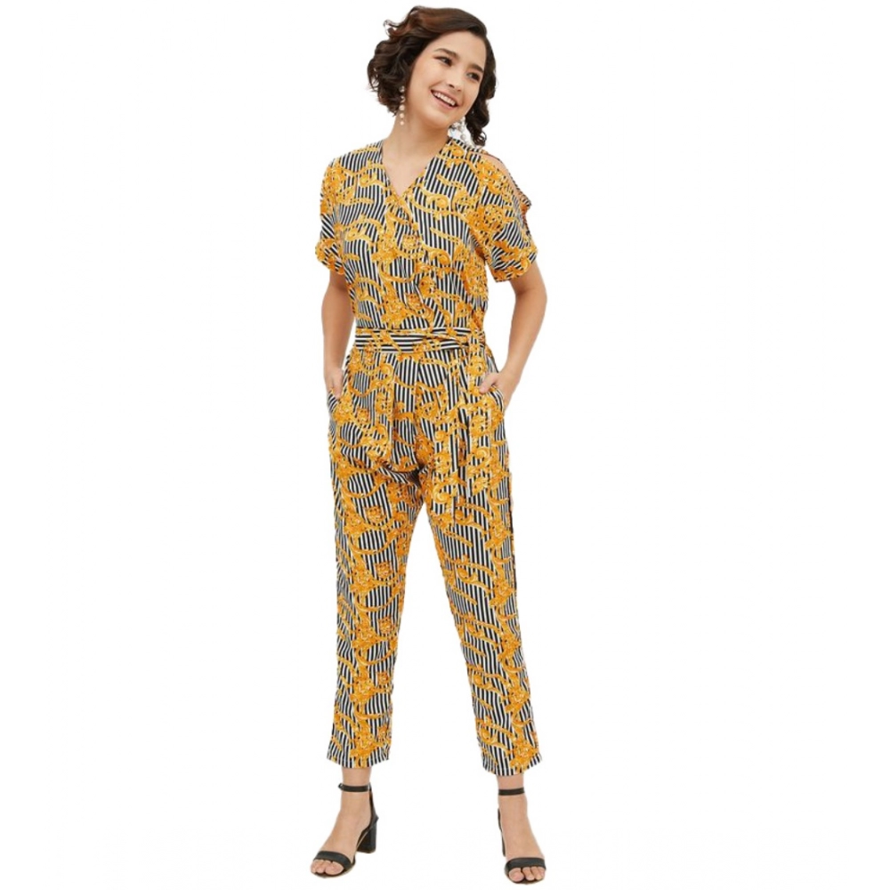Women's Polyester Printed Half Sleeve Long Jumpsuit (Yellow)