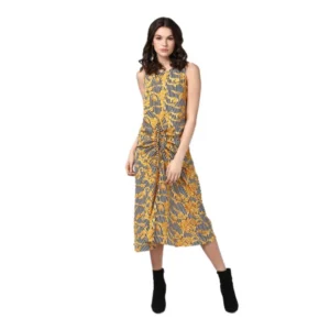 Women's Polyester Chain Print Sleeveless Below Knee Dress (Yellow - Black)