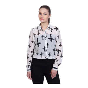 Women's Polyester Printed Long Sleeves Standard Length Shirt (White)