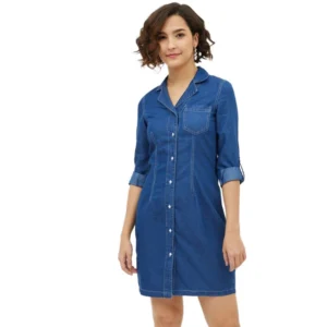 Women's Denim Solid Long Sleeves Above Knee Dress (Blue)