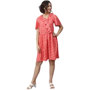 Women's Polyester Polka Flutter Above Knee Dress (Coral)