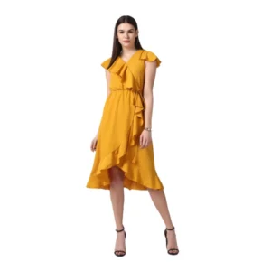 Women's Polyester Ruffled Cap Sleeve Knee-Length Dress (Yellow)