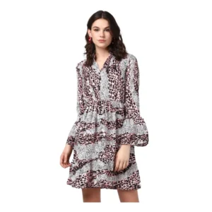 Women's Polyester Animal Print Bell Sleeve Above Knee Dress (Pink - Black)