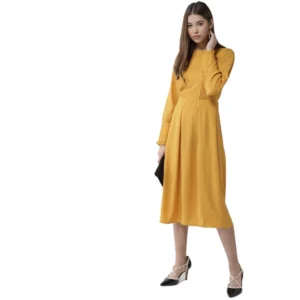 Women's Polyester Pintuck Long Sleeves Below Knee Dress (Yellow)