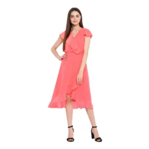 Women's Polyester Ruffled Cap Sleeve Below Knee Dress (Coral Pink)