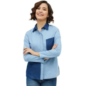 Women's Denim Patch Work Long Sleeves Standard Length Shirt (Blue)
