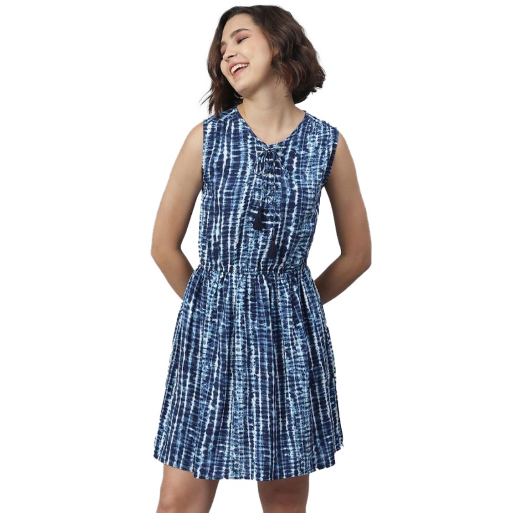 Women's Rayon Tie & Dye Sleeveless Above Knee Dress (Blue)