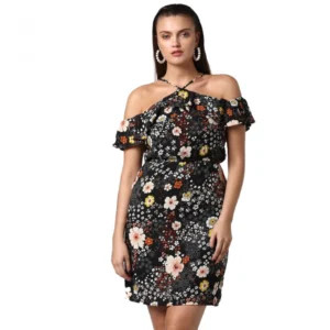 Women's Polyester Floral Cold Shoulder Above Knee Dress (Black)