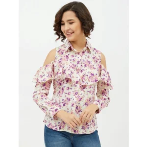 Women's Polyester Floral Cold Shoulder Standard Length Shirt (White)