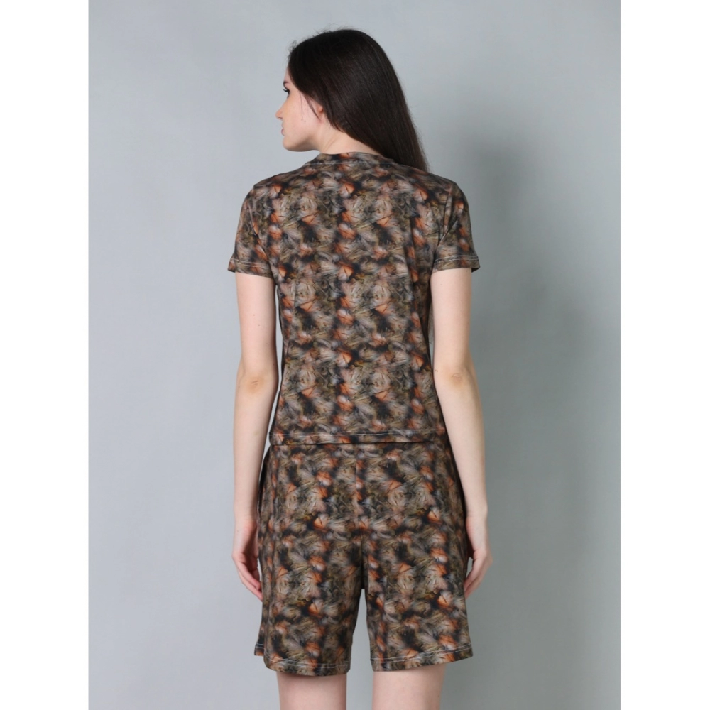 Women's Cotton Blended Printed Round Neck Half Sleeve Top - Shorts Set (Brown) - Image 2