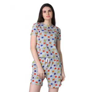Women's Cotton Blended Printed Round Neck Half Sleeve Top - Shorts Set (Grey)