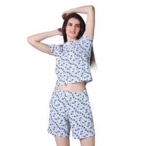 Women's Cotton Blended Printed Round Neck Half Sleeve Top - Shorts Set (White-Black)